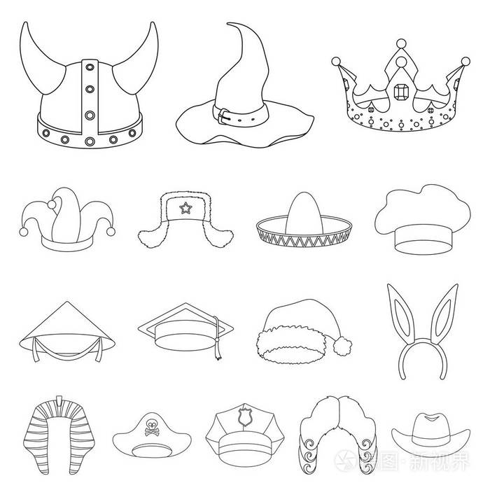 不同类型的帽子轮廓图标集合中的设计.头饰矢量符号股票网页插图
