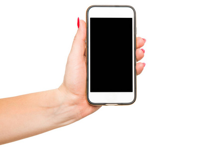 一个女人拿着一部白色手机，手里拿着一个空白的屏幕。 可以完成手机内容。 网上商店。 智能手机上的网上购物内容。