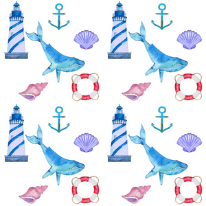 带有灯塔和鲸鱼的水彩航海图案
