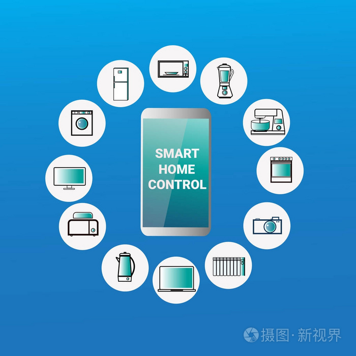 智能家居控制系统智能手机应用图标设备自动化概念现代住宅技术
