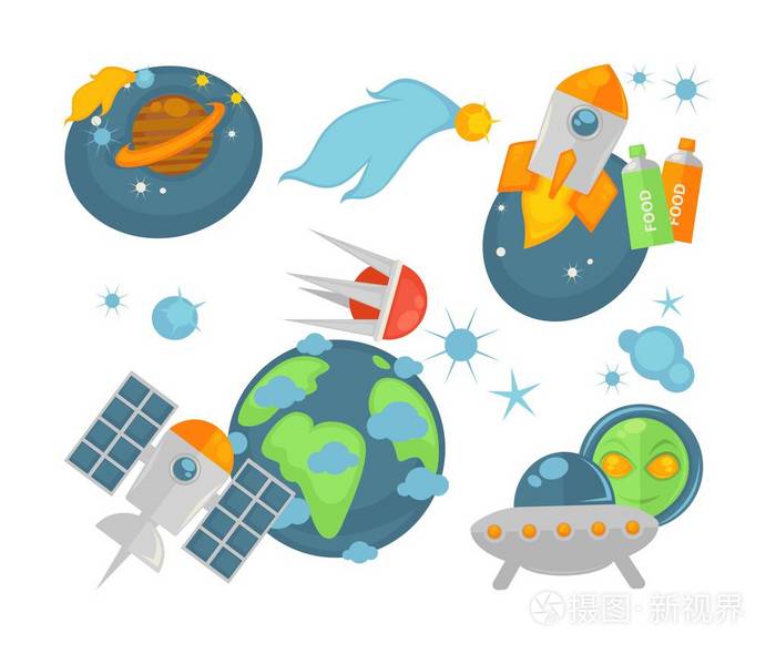 土星与带流星在消防飞船与火焰从涡轮食物在管地球与人造卫星和外星