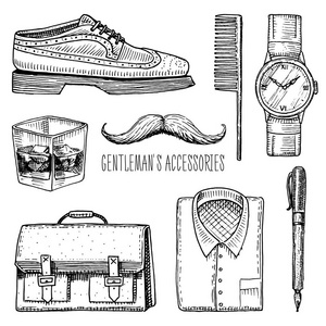 绅士配件。时髦或商人, 维多利亚时代。刻手工画的复古。革和钢笔, 公文包和邮袋, 梳子和手表, 胡子和衬衫, 一杯威士忌