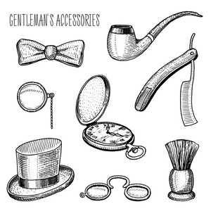 绅士配件。时髦或商人, 维多利亚时代。刻在旧的复古素描手绘。汽缸帽, 烟管, 直剃刀, 眼镜, 夹眼镜, 剃须刷, 蝴蝶领带
