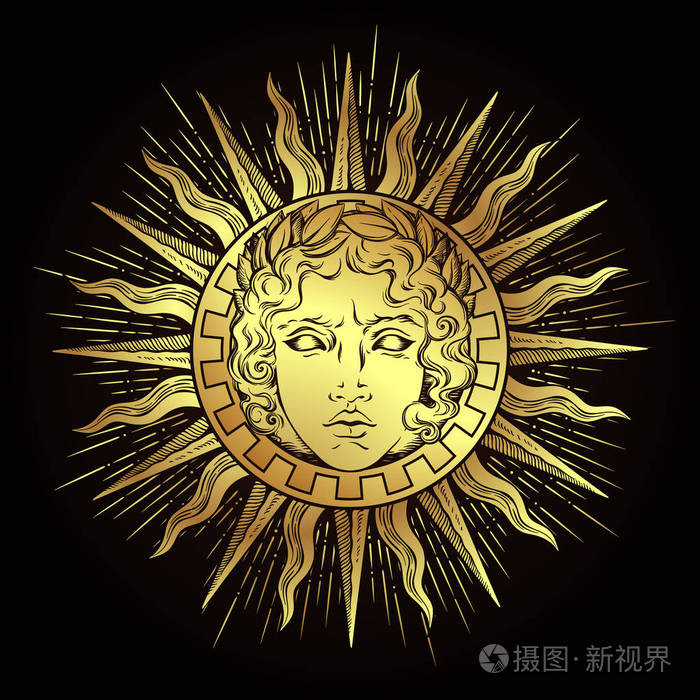 手绘仿古风格太阳与希腊和罗马神阿波罗的脸.闪存纹身