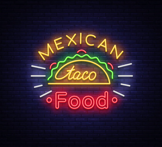 玉米卷标志向量。墨西哥食品, 玉米饼, 街头食品, 快餐, 小吃的霓虹灯标志。明亮的霓虹灯广告牌, 闪亮的玉米饼, 墨西哥食物