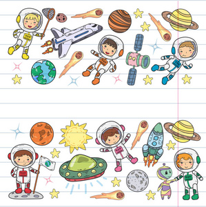 太空幼稚园, 学校天文学课儿童, 涂鸦孩子插图飞碟, 外星人, 月球表面, 地球, 木星, 土星, 火星矢量图标