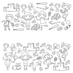 男孩和女孩玩体育插画健身, 足球, 足球, 瑜伽, 网球, 篮球, 曲棍球, 排球