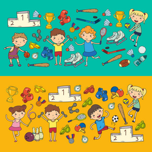 男孩和女孩玩体育插画健身, 足球, 足球, 瑜伽, 网球, 篮球, 曲棍球, 排球