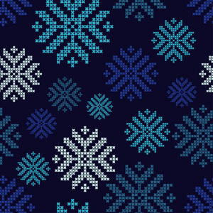 挪威雪花的无缝矢量背景。 像素雪花。 冬季模式。 纺织关系融洽。