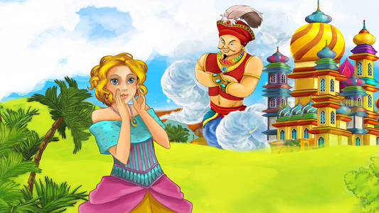 卡通场景与年轻的公主巨人巫师飞越美丽的城堡插图儿童