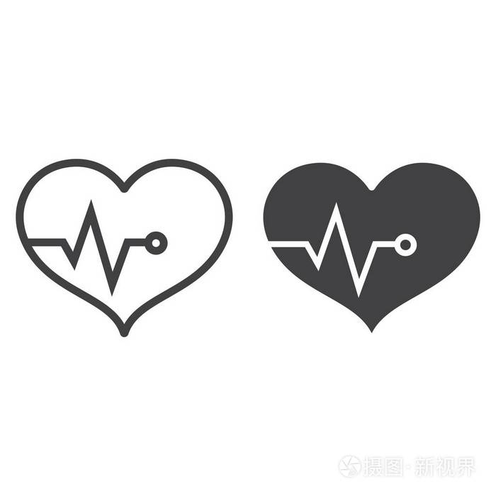心脏脉搏线和字形图标, 健身和运动, 心跳符号矢量图形, 白色背景上的
