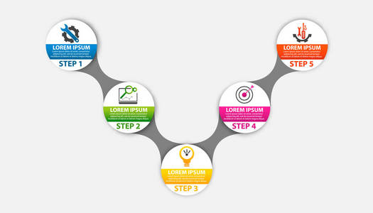 现代矢量插画3d。模板圆信息与五元素。设计用于业务演示web 设计带有5步骤选项部件或流程的图表。创意理念