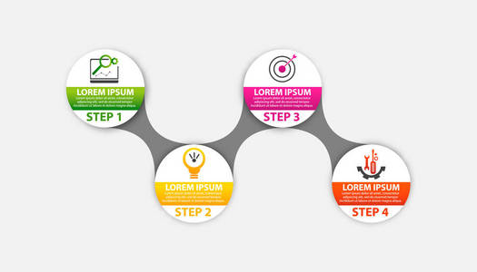 现代矢量插画3d。模板圆信息与四元素。设计用于业务演示web 设计带有4步骤选项部件或流程的图表。创意理念