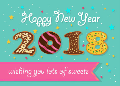 2018新年快乐。巧克力甜甜圈数字
