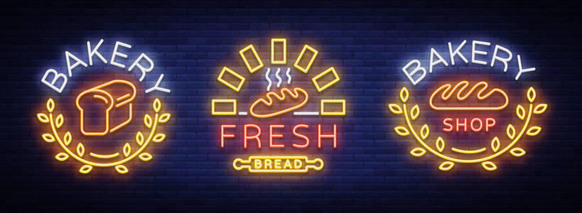 烘焙套装, 新鲜面包, 面包。在烘焙, 烘焙, 糖果的矢量插图。自然烘烤。收集霓虹灯标志, 充满活力的广告, 夜光符号