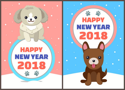 新年快乐2018狗设置矢量插图