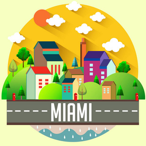 彩色矢量插图与城市建筑，道路，树木，山脉，云，文字迈阿密