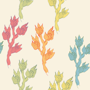 米黄色背景上带有热带花枝的矢量手绘图案。 适用于包装纸和织物的无缝设计图纸