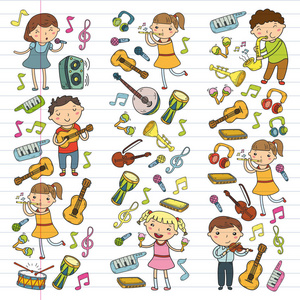 儿童音乐学校矢量插画孩子唱歌, 演奏乐器幼儿园涂鸦图标儿童音乐课的收藏插图