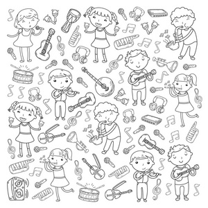 儿童音乐学校矢量插画孩子唱歌, 演奏乐器幼儿园涂鸦图标儿童音乐课的收藏插图