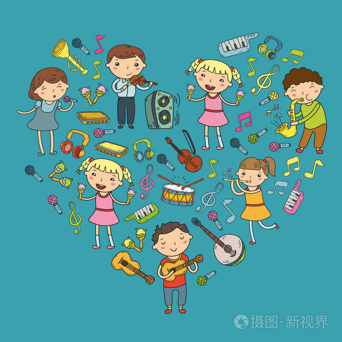 儿童音乐学校矢量插画孩子唱歌, 演奏乐器幼儿园涂鸦图标儿童音乐课的