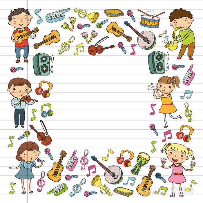 儿童音乐学校矢量插画孩子唱歌, 演奏乐器幼儿园涂鸦图标儿童音乐课的