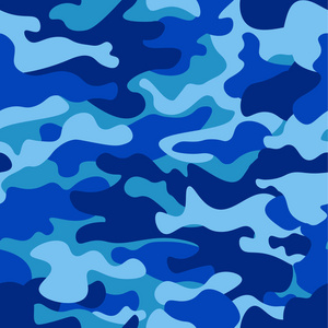 迷彩图案背景无缝矢量图示。经典服装风格掩蔽迷彩重复打印。蓝色的颜色海军陆战队纹理