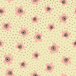 带粉红色花和灰点的无缝矢量图案