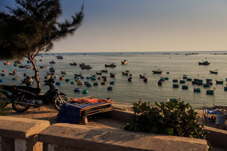近景滑板车由热带树木在石滩海前对越南渔船在蔚蓝海日落