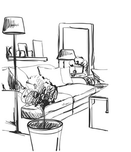手绘室内素描。椅子, 沙发, 桌子, 花盆