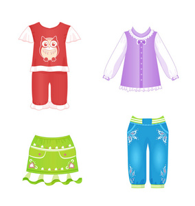 衣服裤子卡通画婴儿衣服睡衣牛仔裤连衣裙上衣裙子裤子猫头鹰图案矢量