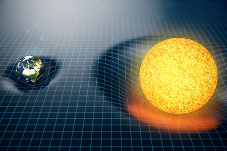 3d 插图地球和太阳引力在它周围弯曲空间。具有散作用。概念重力变形空间时间网格在宇宙附近。时空曲率。由 Nasa 提供的这幅图像