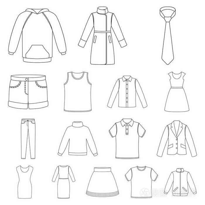不同种类的服装轮廓图标集合中的设计.服装和风格矢量
