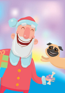 快乐的圣诞老人和一只狗。新年和圣诞贺卡的狗年根据东方历。发光彩色背景下的矢量字符图示