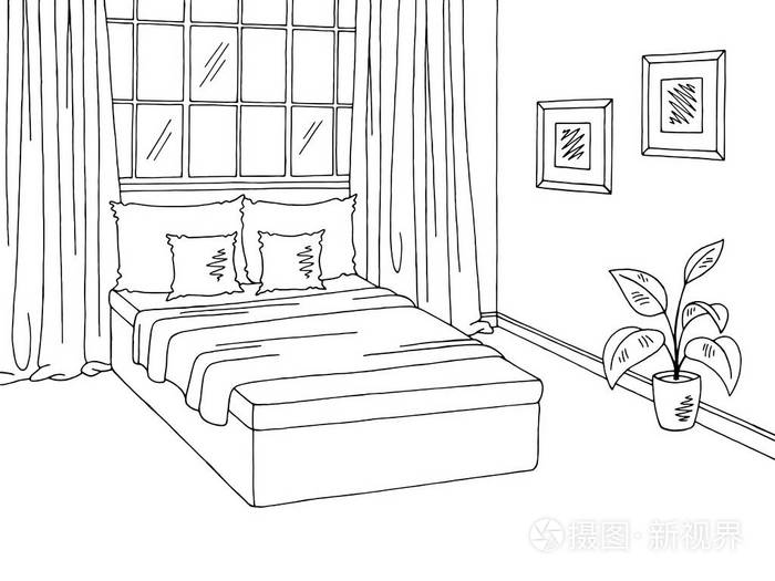 卧室图形黑白内部素描插图