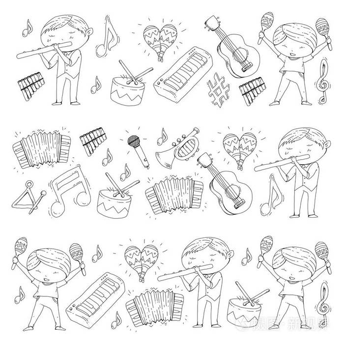 音乐剧场幼儿园儿童用乐器鼓,长笛,手风琴,小号,钢琴音乐演奏和学龄
