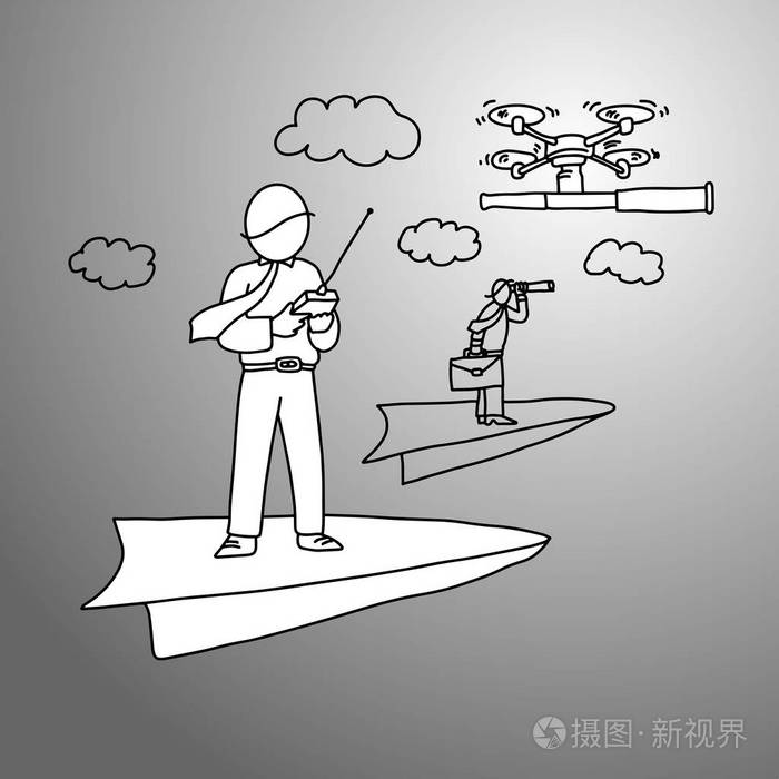 商人在纸火箭上使用无人机携带的望远镜矢量插图手绘