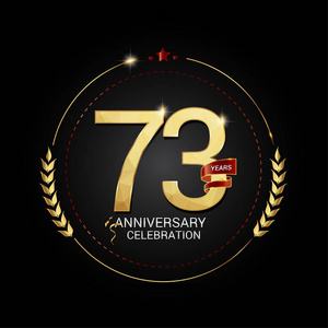 73年黄金纪念日标志与红色丝带低聚设计数字矢量插图黑色背景
