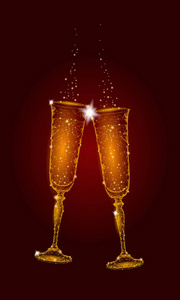 两个金色的发光眼镜香槟闪闪发亮。新年快乐贺卡的概念。浪漫爱情情侣约会低聚多边形现代三角形3d 设计金色矢量插图