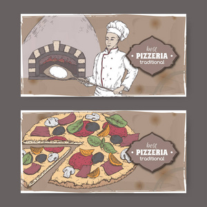 两个景观颜色比萨店标签与贝克, 烤箱和比萨饼在纸板