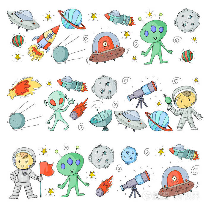 外星人飞碟太空船火箭.孩子, 男孩和女孩与月亮, 火星, 土星, 木星