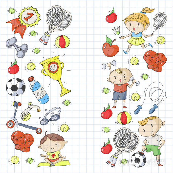 儿童运动.孩子们画画幼儿园, 学校, 大学, 学前班.