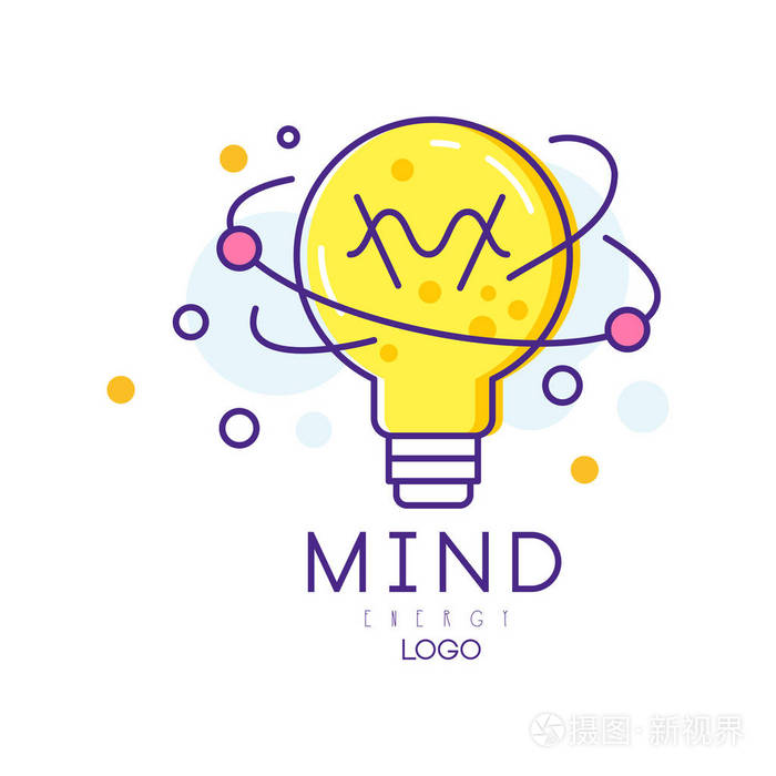 原始的标志与电灯泡在线性样式.精神能量.创意过程,观念生成的概念.