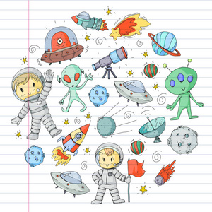 月球表面。幼儿园的孩子们玩太空探险。外星人飞碟太空船火箭.孩子, 男孩和女孩与月亮, 火星, 土星, 木星