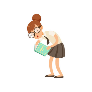 有趣的书女孩读书感兴趣。卡通高中生在眼镜, 裙子和衬衫领带。聪明的孩子在图书馆的性格。平面矢量设计