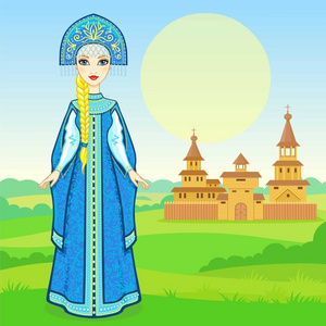 古代民族服装中年轻美丽的俄罗斯女孩的动画肖像。 全面增长。 童话人物。 背景是夏天的风景，古老的木宫。 矢量图。