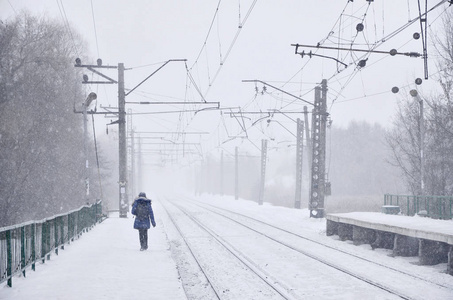郊区或农村火车站的照片。 铁路在密集的一排排树之间运行。 大雪期间的积雪覆盖平台，大风