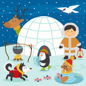 爱斯基摩男孩和北极动物北极矢量插图EPS