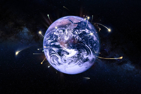 宇宙飞船离开地球, 科幻。由 Nasa 提供的这幅图像的元素