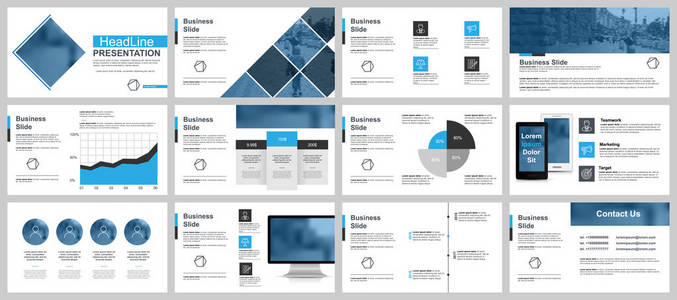 蓝色和黑色业务演示幻灯片模板从信息图表元素。 可用于宣传传单和宣传小册子广告年报横幅小册子